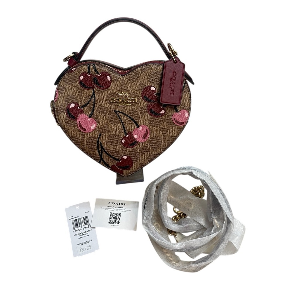 Coach Heart Cherry Signature Canvas Tan Marrón Double Zip Crossbody Purse - Picture 1 of 16